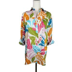 True Destinations Medium Button Long Shirt Multicolor Tropical Print Boho Beach